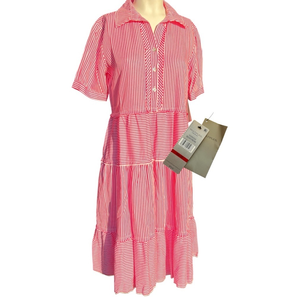 Multiples Pink & White Striped Tiered Shirt Midi Dress